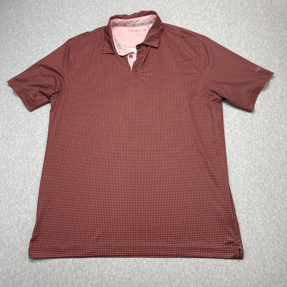 Walter Hagen Mens Burgundy Grid Print Golf Polo Shirt Stretch Performance Medium